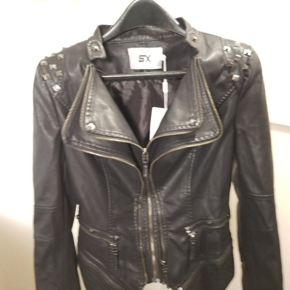 SX Womens Motorcycle Jacket Size XS Black Studded Faux Leather Full Zip Pockets - Picture 2 of 9